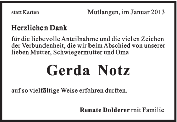 Traueranzeige von Gerda Notz von Gmünder Tagespost