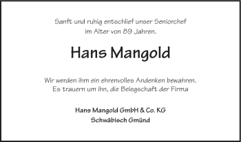 Traueranzeige von Hans Mangold von Gmünder Tagespost
