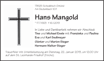Traueranzeige von Hans Mangold von Gmünder Tagespost