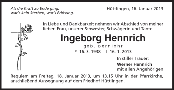 Traueranzeige von Ingeborg Hennrich von Schwäbische Post