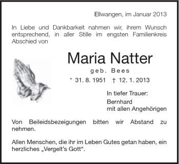 Traueranzeige von Maria Natter von Schwäbische Post