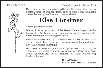 Traueranzeige von Else Förstner von Gmünder Tagespost