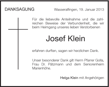 Traueranzeige von Josef Klein von Schwäbische Post