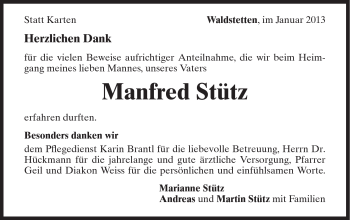 Traueranzeige von Manfred Stütz von Gmünder Tagespost