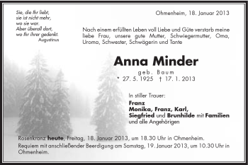 Traueranzeige von Anna Minder von Schwäbische Post