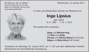 Traueranzeige von Inge Lipsius von Schwäbische Post