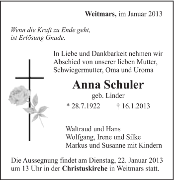 Traueranzeige von Anna Schuler von Gmünder Tagespost