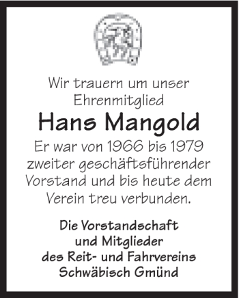 Traueranzeige von Hans Mangold von Gmünder Tagespost