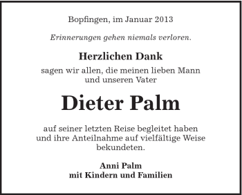 Traueranzeige von Dieter Palm von Schwäbische Post