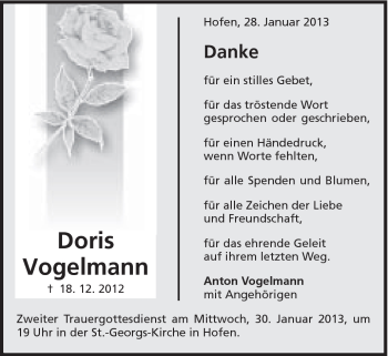 Traueranzeige von Doris Vogelmann von Schwäbische Post
