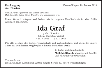 Traueranzeige von Ida Graf von Schwäbische Post