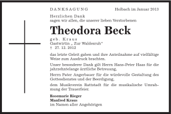 Traueranzeige von Theodora Beck von Schwäbische Post