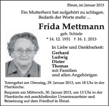 Traueranzeige von Frida Mettmann von Schwäbische Post