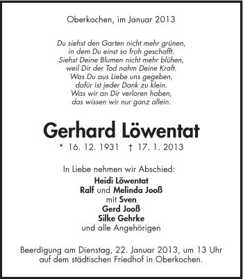 Traueranzeige von Gerhard Löwentat von Schwäbische Post
