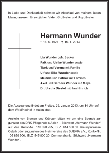 Traueranzeige von Hermann Wunder von Schwäbische Post
