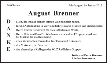 Traueranzeige von August Brenner von Gmünder Tagespost