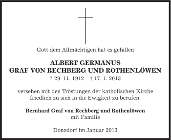 Traueranzeige von Albert Germanus Graf von Rechberg und Rothenlö von Gmünder Tagespost
