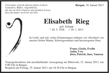 Traueranzeige von Elisabeth Rieg von Gmünder Tagespost
