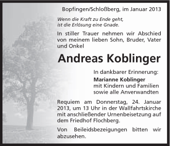 Traueranzeige von Andreas Koblinger von Schwäbische Post
