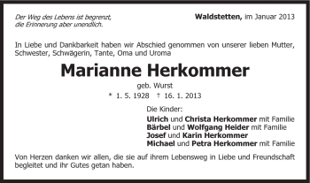 Traueranzeige von Marianne Herkommer von Gmünder Tagespost