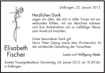 Traueranzeige von Elisabeth Fischer von Schwäbische Post