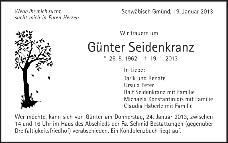  Traueranzeige für Günter Seidenkranz vom 22.01.2013 aus Gmünder Tagespost