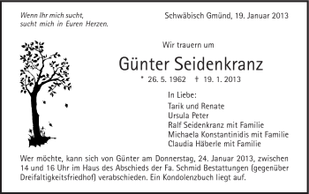 Traueranzeige von Günter Seidenkranz von Gmünder Tagespost