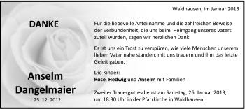 Traueranzeige von Anselm Dangelmaier von Schwäbische Post