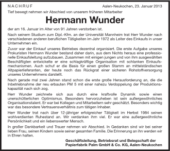 Traueranzeige von Hermann Wunder von Schwäbische Post
