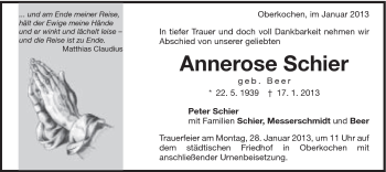 Traueranzeige von Annerose Schier von Schwäbische Post