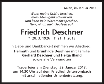 Traueranzeige von Friedrich Deschner von Schwäbische Post