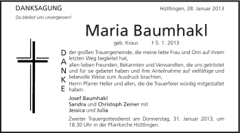 Traueranzeige von Maria Baumhakl von Schwäbische Post