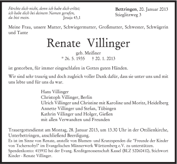 Traueranzeige von Renate Villinger von Gmünder Tagespost