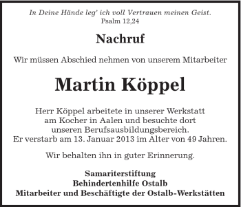 Traueranzeige von Martin Köppel von Schwäbische Post