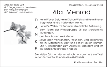 Traueranzeige von Rita Menrad von Gmünder Tagespost