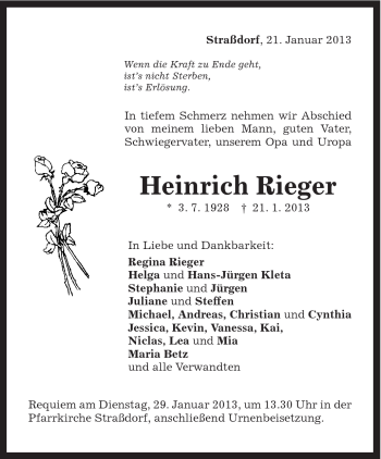 Traueranzeige von Heinrich Rieger von Gmünder Tagespost