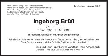 Traueranzeige von Ingeborg Brüß von Gmünder Tagespost
