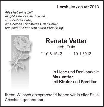 Traueranzeige von Renate Vetter von Gmünder Tagespost