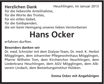 Traueranzeige von Hans Ocker von Gmünder Tagespost