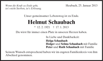 Traueranzeige von Helmut Schaubach von Gmünder Tagespost
