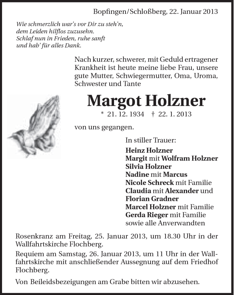  Traueranzeige für Margot Holzner vom 24.01.2013 aus Schwäbische Post