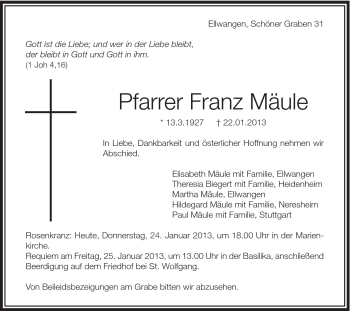 Traueranzeige von Franz Mäule von Schwäbische Post