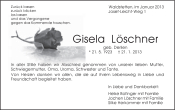 Traueranzeige von Gisela Löschner von Gmünder Tagespost