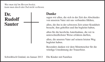 Traueranzeige von Rudolf Dr. Sauter von Gmünder Tagespost