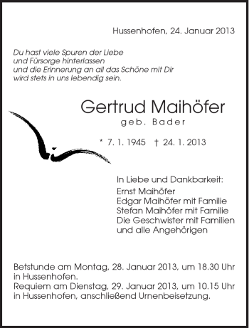 Traueranzeige von Gertrud Maihöfer von Gmünder Tagespost