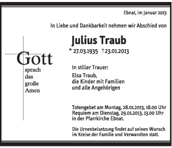 Traueranzeige von Julius Traub von Schwäbische Post