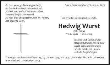Traueranzeige von Hedwig Wurst von Schwäbische Post