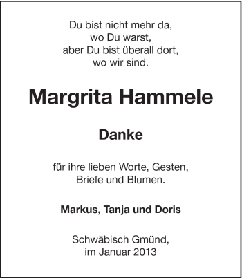Traueranzeige von Margrita Hemmele von Gmünder Tagespost