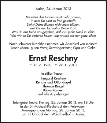 Traueranzeige von Ernst Reschny von Schwäbische Post