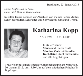Traueranzeige von Katharina Kopp von Schwäbische Post